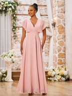 Chiffon Flutter-Sleeve V-Neck Ruched Bodice A-Line Floor-Length Bridesmaid Dresses