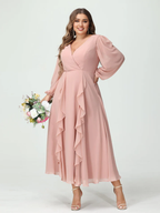 Chiffon Long-Sleeve V-Neck Ruffled Wrap Bodice High-Low A-Line Floor-Length Elegant Bridesmaid Dress