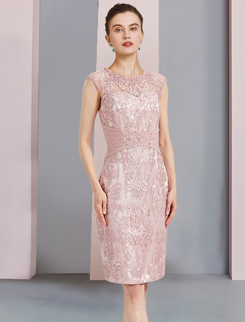 Mother of the Bride Dress Formal Wedding Guest Elegant Scoop Neck Knee Length Chiffon Lace Sleeveless Dresses with Beading Appliques