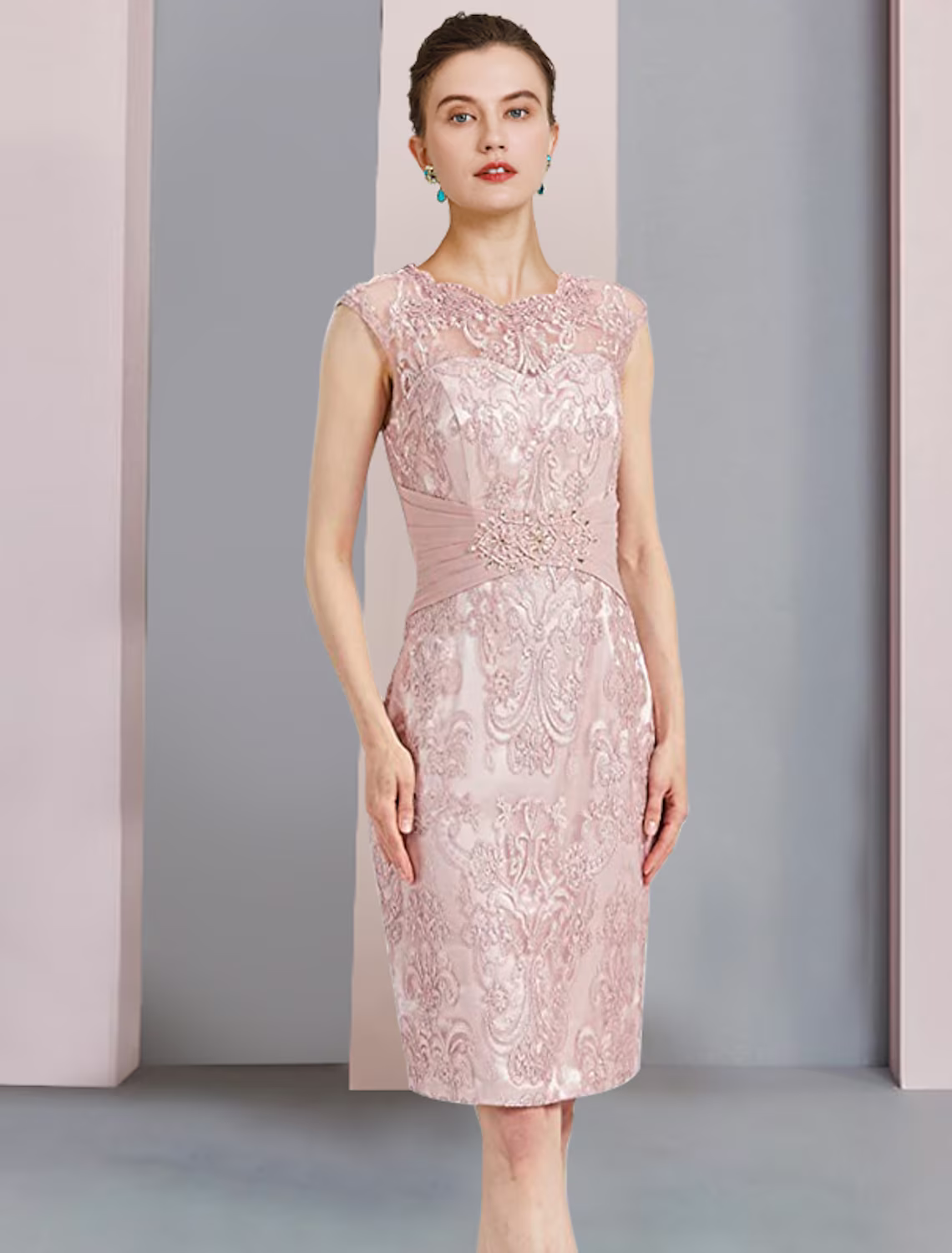 Mother of the Bride Dress Formal Wedding Guest Elegant Scoop Neck Knee Length Chiffon Lace Sleeveless Dresses with Beading Appliques