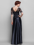 A-Line Mother of the Bride Dress  V Neck Floor Length Satin Lace Half Sleeve with Lace Bow(s) Beading