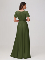 Chiffon Short-Sleeve V-Neck Ruched Bodice High-Slit A-Line Floor-Length Bridesmaid Dresses