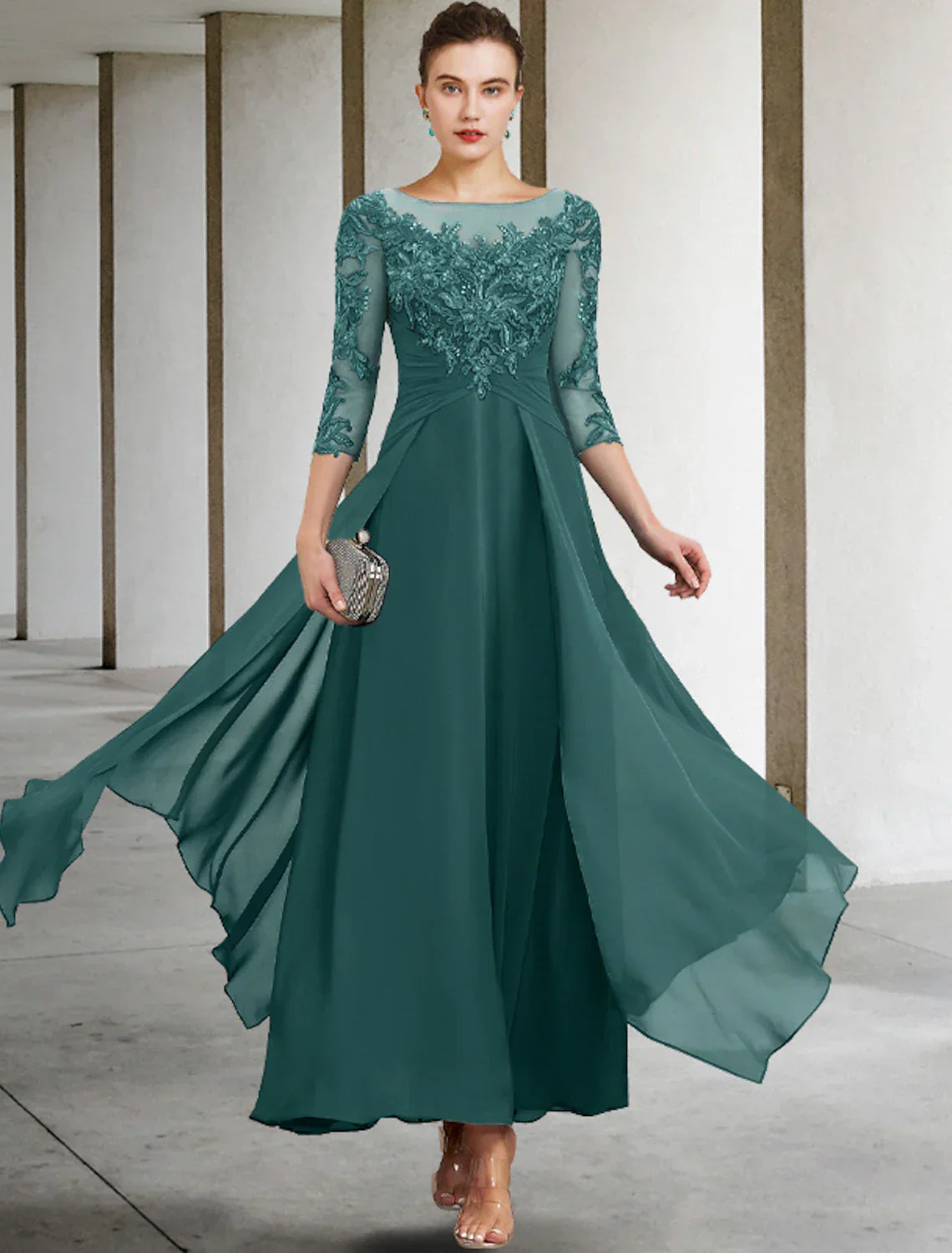 Plus Size Elegant Mother Of The Bride Dress With Appliques Chiffon Lace Sequin Three Quarter Sleeve Ruched A Line