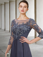 Plus Size Elegant Mother Of The Bride Dress With Appliques Chiffon Lace Sequin Three Quarter Sleeve Ruched A Line