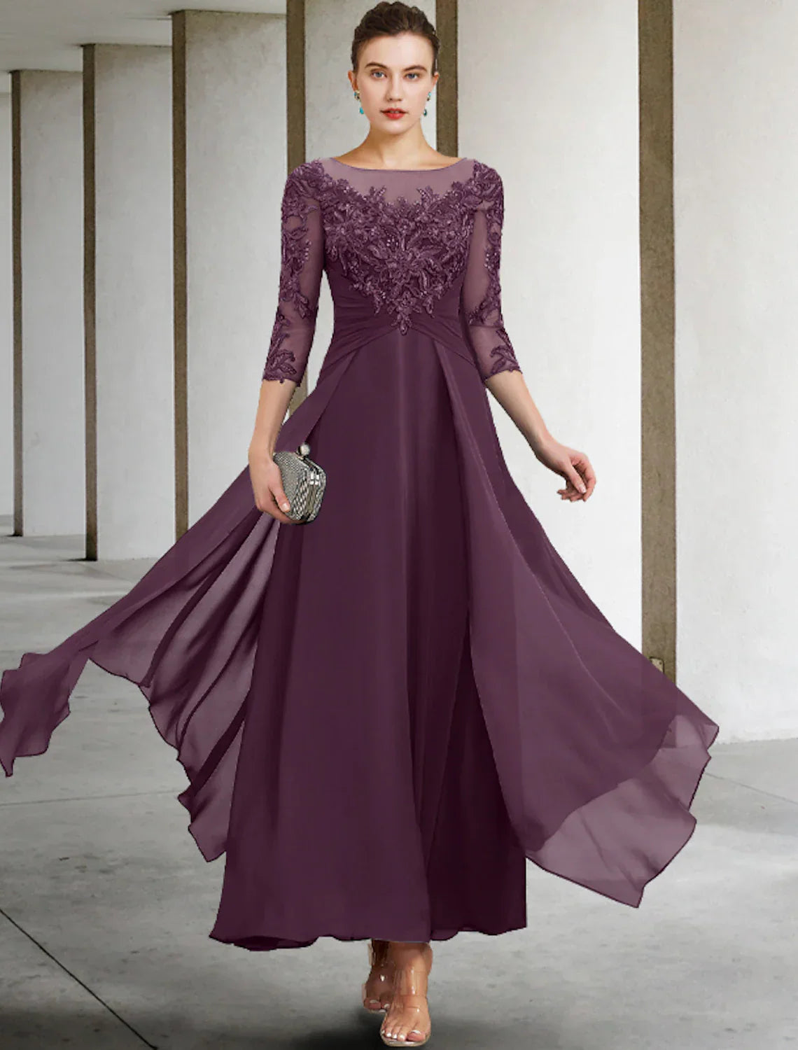 Plus Size Elegant Mother Of The Bride Dress With Appliques Chiffon Lace Sequin Three Quarter Sleeve Ruched A Line