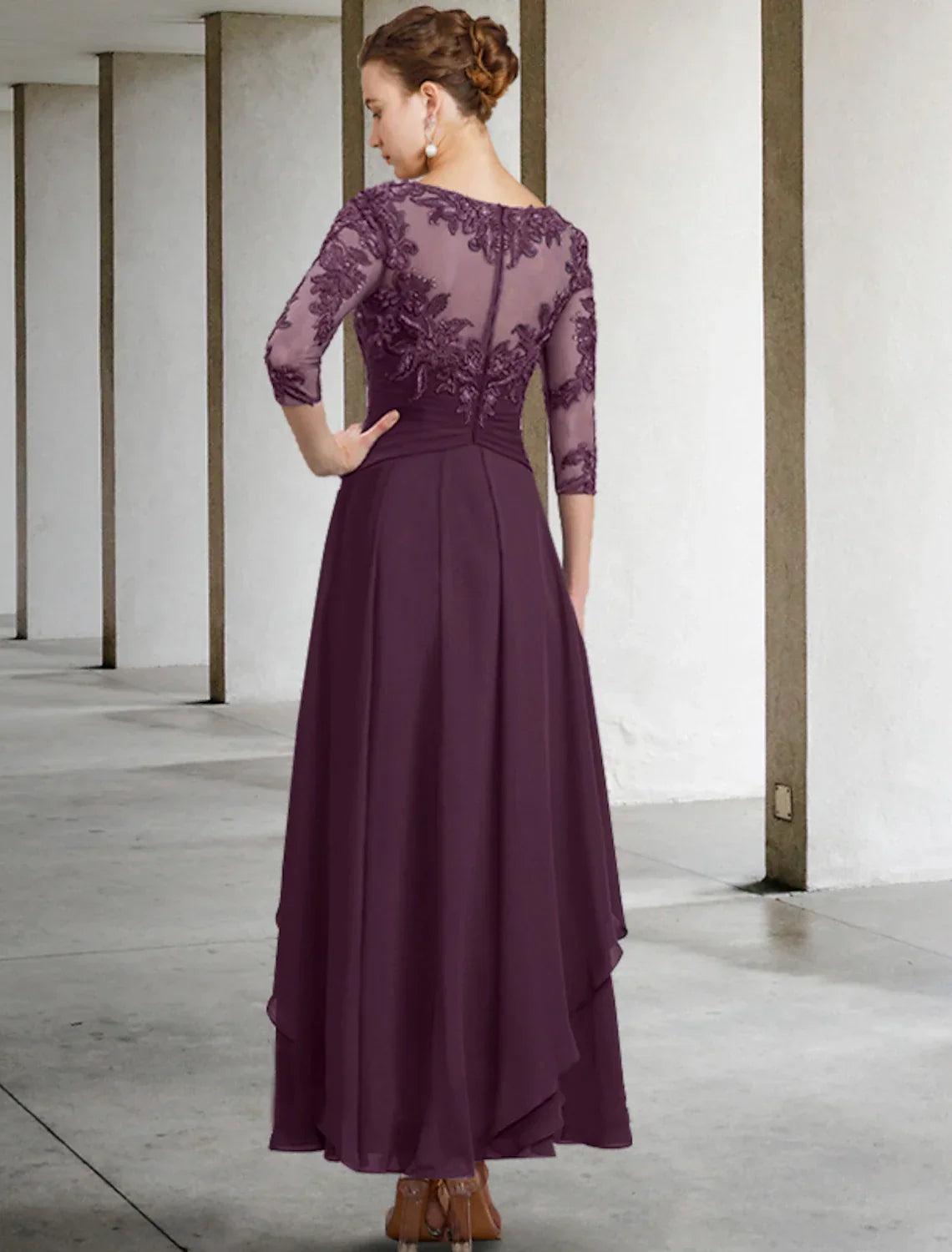 Plus Size Elegant Mother Of The Bride Dress With Appliques Chiffon Lace Sequin Three Quarter Sleeve Ruched A Line