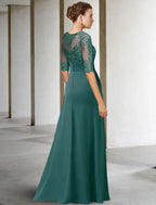 Elegant Mother Of The Bride Dress Plus Size Floor Length Chiffon Lace With Appliques Jewel Neck