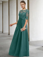 Elegant Mother Of The Bride Dress Plus Size Floor Length Chiffon Lace With Appliques Jewel Neck