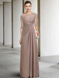 Elegant Mother Of The Bride Dress Plus Size Floor Length Chiffon Lace With Appliques Jewel Neck