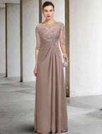 Elegant Mother Of The Bride Dress Plus Size Floor Length Chiffon Lace With Appliques Jewel Neck