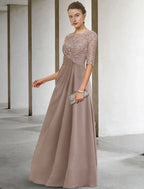 Elegant Mother Of The Bride Dress Plus Size Floor Length Chiffon Lace With Appliques Jewel Neck