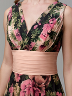 A-Line Floral Dress  Floor Length Sleeveless V Neck Chiffon with Pattern Print
