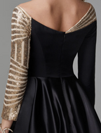 Sparkle Formal Evening Dress Off Shoulder Long Sleeve Floor Length Satin with Sequin