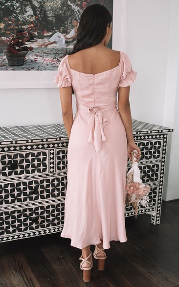 Bridesmaid Dress Sheath V Neck Short Sleeve Pink Tea Length Stretch Chiffon With Ruching For Bridesmaids