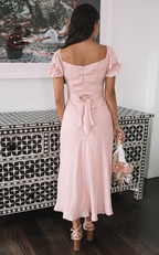 Bridesmaid Dress Sheath V Neck Short Sleeve Pink Tea Length Stretch Chiffon With Ruching For Bridesmaids