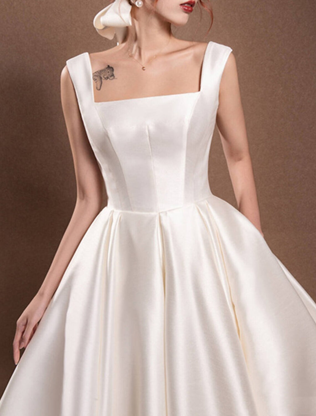 Wedding Dress Vintage Satin Gown For Vintage Bride Elegant Ankle Length Bow Details 1940s 1950s