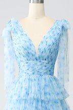 A-Line V-Neck Light Blue Tiered Prom Dress