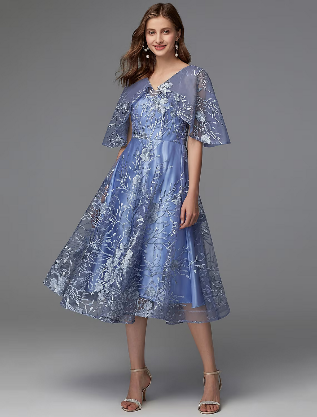 A-Line Floral Dress Wedding Guest Sleeveless V Neck Lace V Back with Pattern Print Appliques