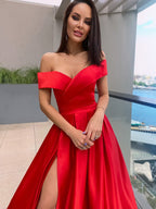 A Line Princess Satin Off The Shoulder Gown With Elegant Ruffles Floor Length For Formal Evening Wear