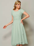 Elegant Bridesmaid Dress Tea Length Sheath Chiffon With Ruffles Short Sleeves For Wedding Party