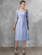 Mother Of The Bride Two Piece A-Line Dress For Wedding Guests With Appliques Chiffon Lace Tea Length Wrap Included