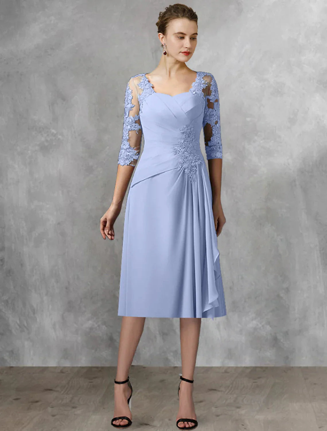 Mother Of The Bride Two Piece A-Line Dress For Wedding Guests With Appliques Chiffon Lace Tea Length Wrap Included