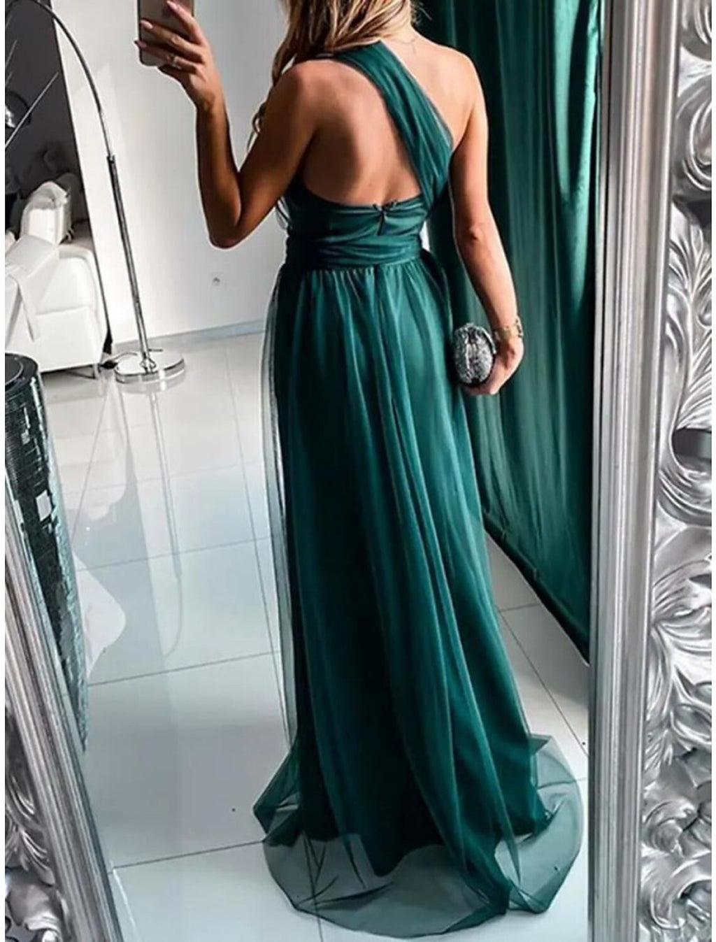 One Shoulder Sleeveless Bridesmaid Dress Sheath Silhouette With Elegant Sweep Train Tulle Pleats