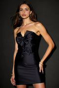 Black Mini Dress With Strapless V Neck Pleated Bow Detail Backless Chic For Homecoming