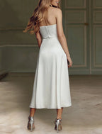 Two Piece Satin White Strapless Tea Length Elegant Wedding Dress For Reception Brides Square Neck Gown