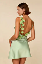 JiesenDress Chic Mini Dress For Homecoming With V Neck Backless Spaghetti Straps Floral Embellishment
