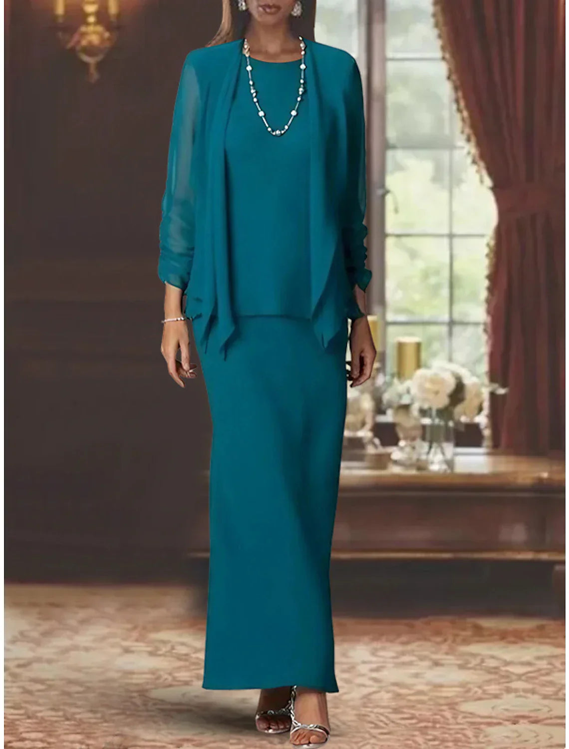 Mother Of The Bride Two Piece Sheath Dress Gown Chiffon Long Sleeve Floor Length Wrap Included Elegant Scoop Neck