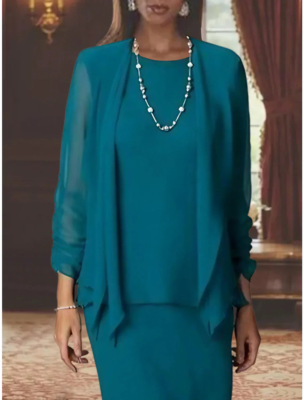 Mother Of The Bride Two Piece Sheath Dress Gown Chiffon Long Sleeve Floor Length Wrap Included Elegant Scoop Neck