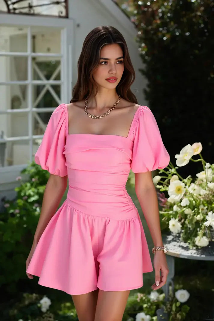 Homecoming Dress For Teens Elegant Mini With Square Neck Puff Sleeves Trumpet Silhouette Pleated Details