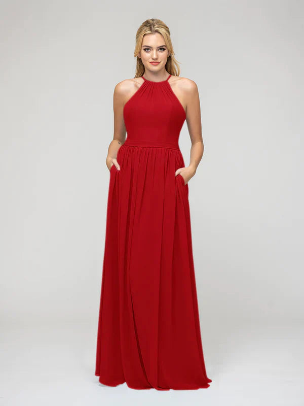 Bridesmaid Dress For Bridesmaids With Pleated Bodice Chiffon Halter And A Line Silhouette