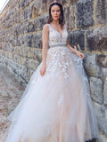 A-Line/Princess Applique Tulle Sleeveless V-neck Sweep/Brush Train Dresses