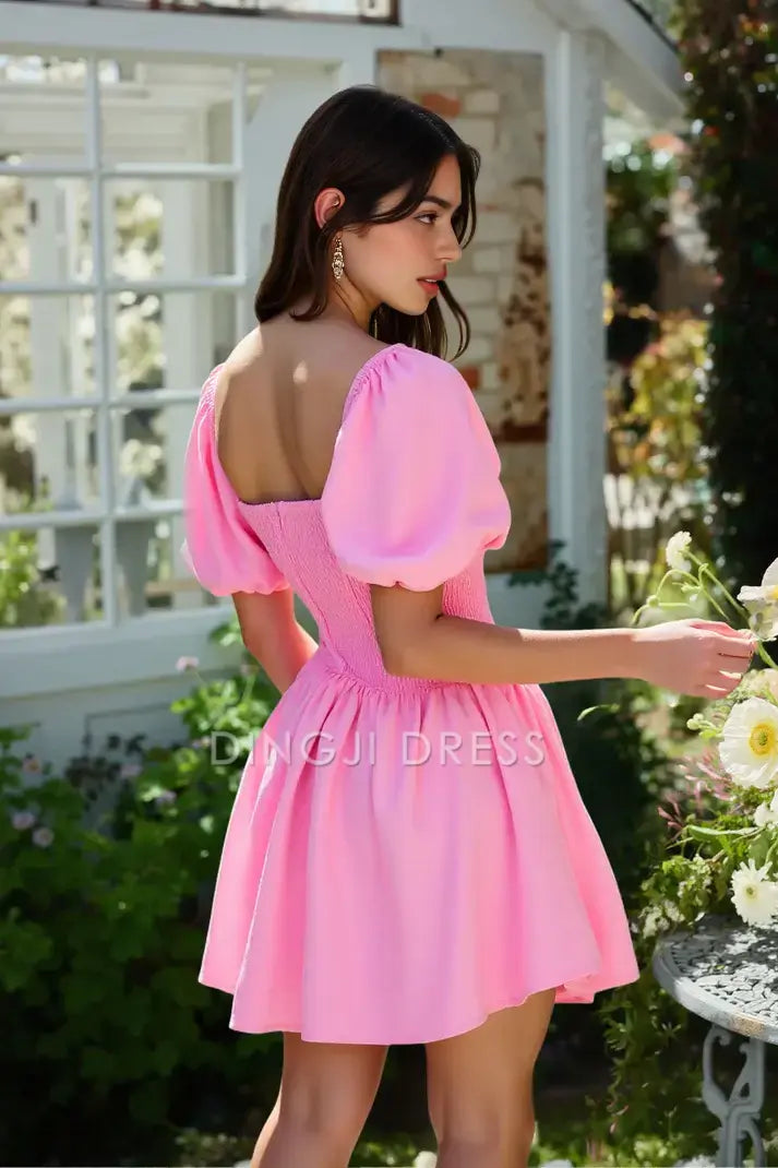 Homecoming Dress For Teens Elegant Mini With Square Neck Puff Sleeves Trumpet Silhouette Pleated Details