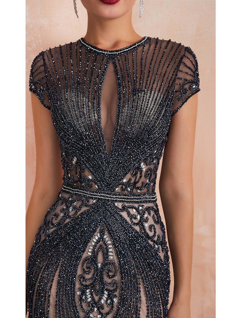 Evening Gown Luxurious Dress Engagement Short Sleeve Jewel Neck Tulle with Beading