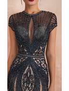 Evening Gown Luxurious Dress Engagement Short Sleeve Jewel Neck Tulle with Beading
