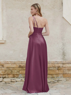 Satin One-Shoulder Ruched Bodice Pocketed High-Slit A-Line Floor-Length Bridesmaid Dresses