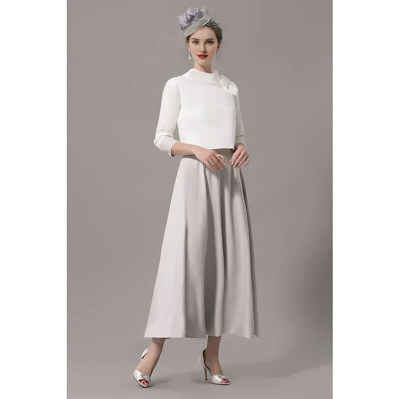Two Piece Mother of the Bride Dress Wedding Guest Church Elegant Jewel Neck Ankle Length  Satin 3/4 Length Sleeve Short Jacket Dresses with Bow(s)
