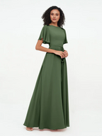 Chiffon Short-Sleeve Boat Neck Tie-Waist A-Line Floor-Length Bridesmaid Dresses