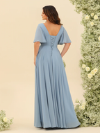 Chiffon Short-Sleeve V-Neck Ruched Bodice High-Slit A-Line Floor-Length Comfortable Bridesmaid Dress