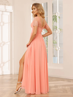 Chiffon Sweetheart Neckline Short-Sleeve High-Slit A-Line Floor-Length Modern Bridesmaid Dress