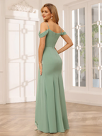 Chiffon Off-Shoulder Sweetheart Neckline Ruched Bodice High-Slit Sheath Floor-Length Sage Green Bridesmaid Dresses