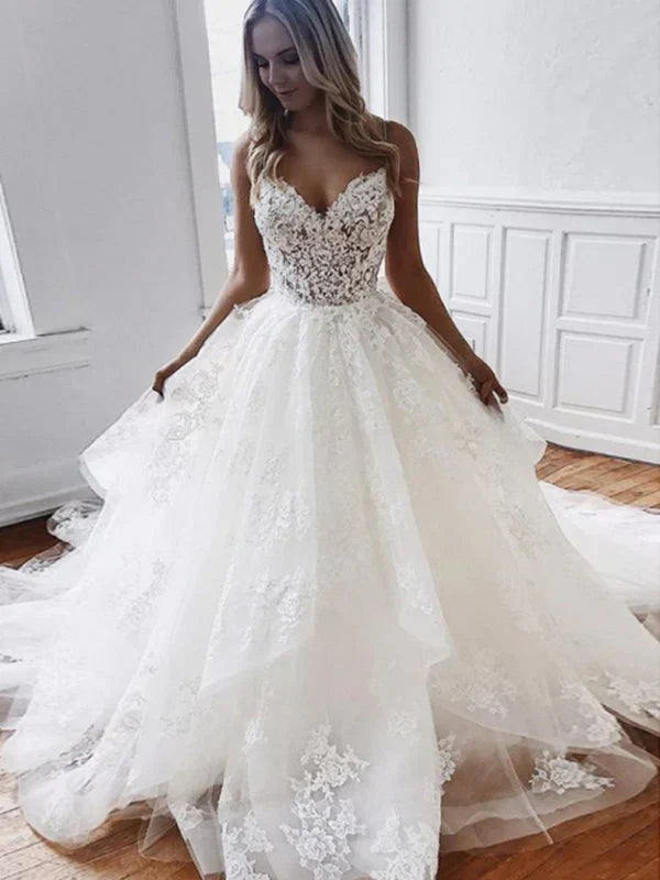 Spaghetti Strap V Neck A Line Tiered Wedding Dress For Modern Brides Elegant Flattering Silhouette