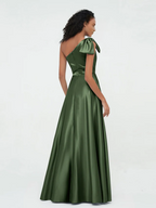 Elegant Satin A-Line One Shoulder Bow Back Maxi Bridesmaid Dress