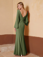 Chiffon Bell-Sleeve Deep V-Neck Ruched Bodice Sheath Floor-Length Bridesmaid Dresses
