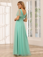 Chiffon Short-Sleeve V-Neck Belted Bodice A-Line Floor-Length Romantic Bridesmaid Dress