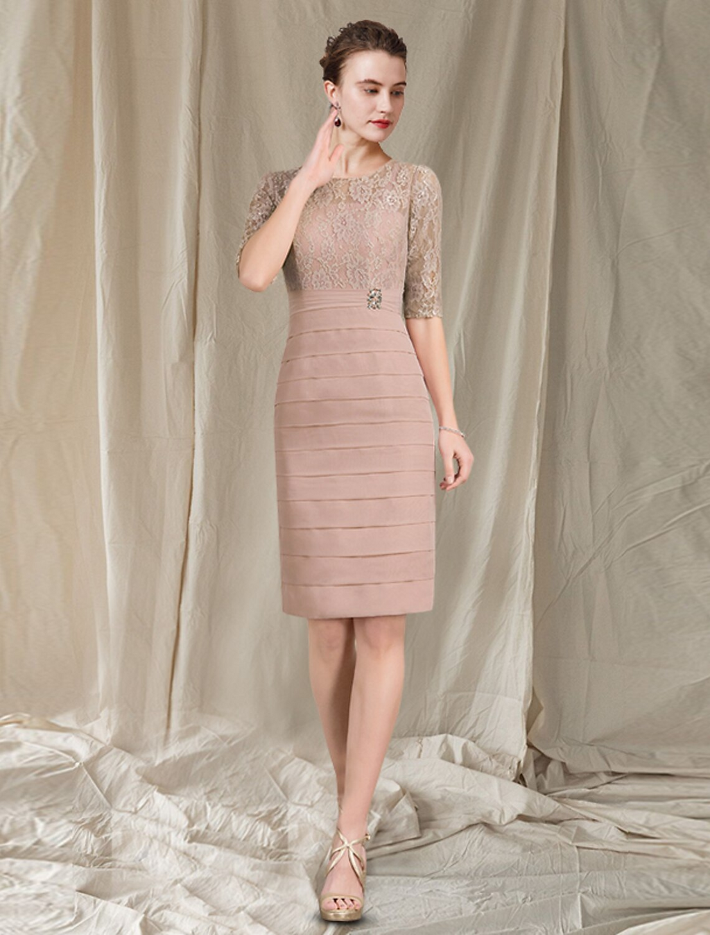 Two Piece Mother of the Bride Dress Church Elegant Knee Length Chiffon Short Sleeve Wrap Included with Tier