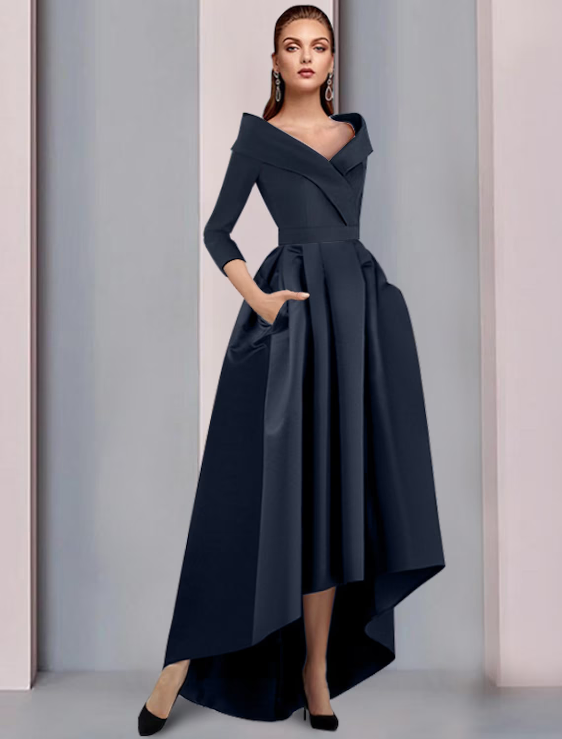 A-Line Mother of the Bride Dress Wedding Guest Vintage Plus Size Elegant V Neck Length Satin 3/4 Length Sleeve with Pleats